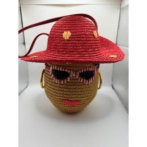 Lulu Guinness Straw Face Basket Bag Red Hat Polka Dot Lining Novelty Handbag